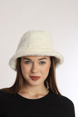 Kadın Ekru Bucket Peluş Şapka - Rezon Deri