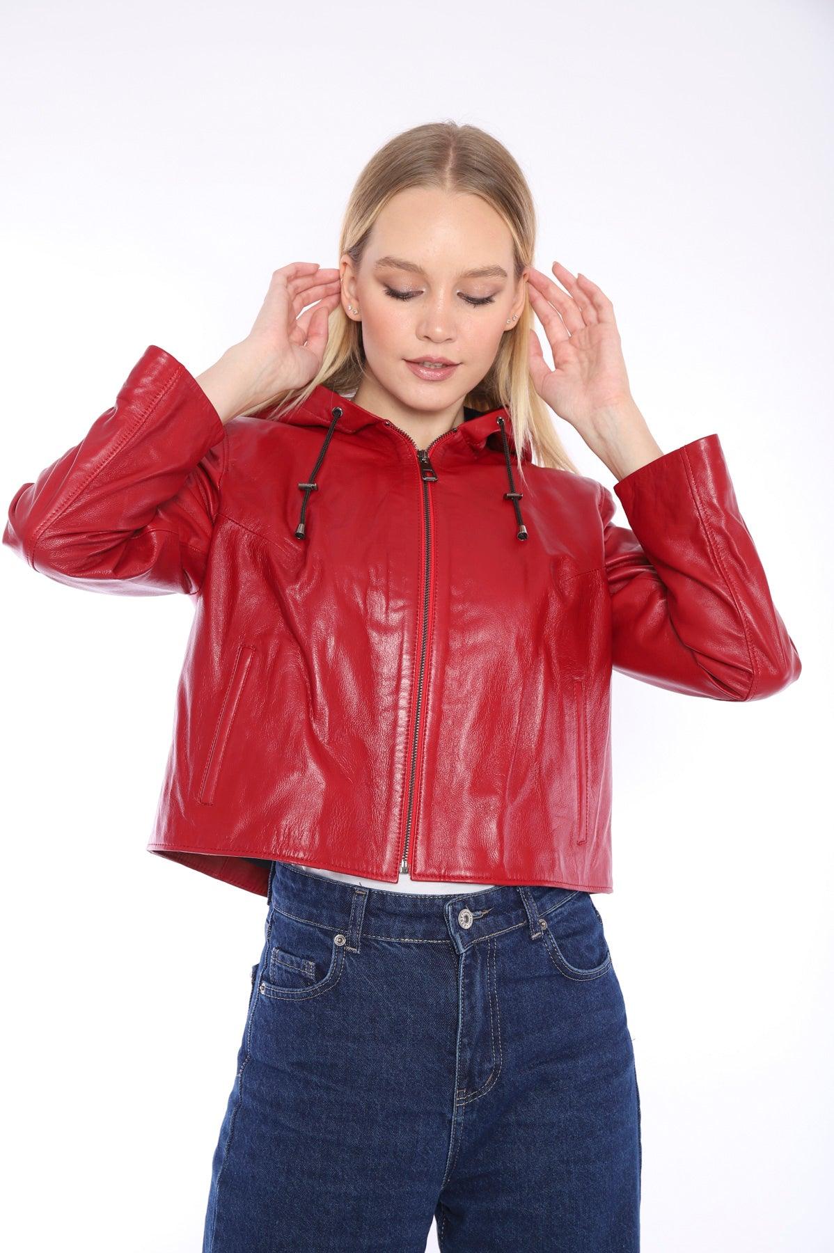 Kadın Kırmızı Kapüşonlu Hakiki Deri Ceket - Rezon Deri