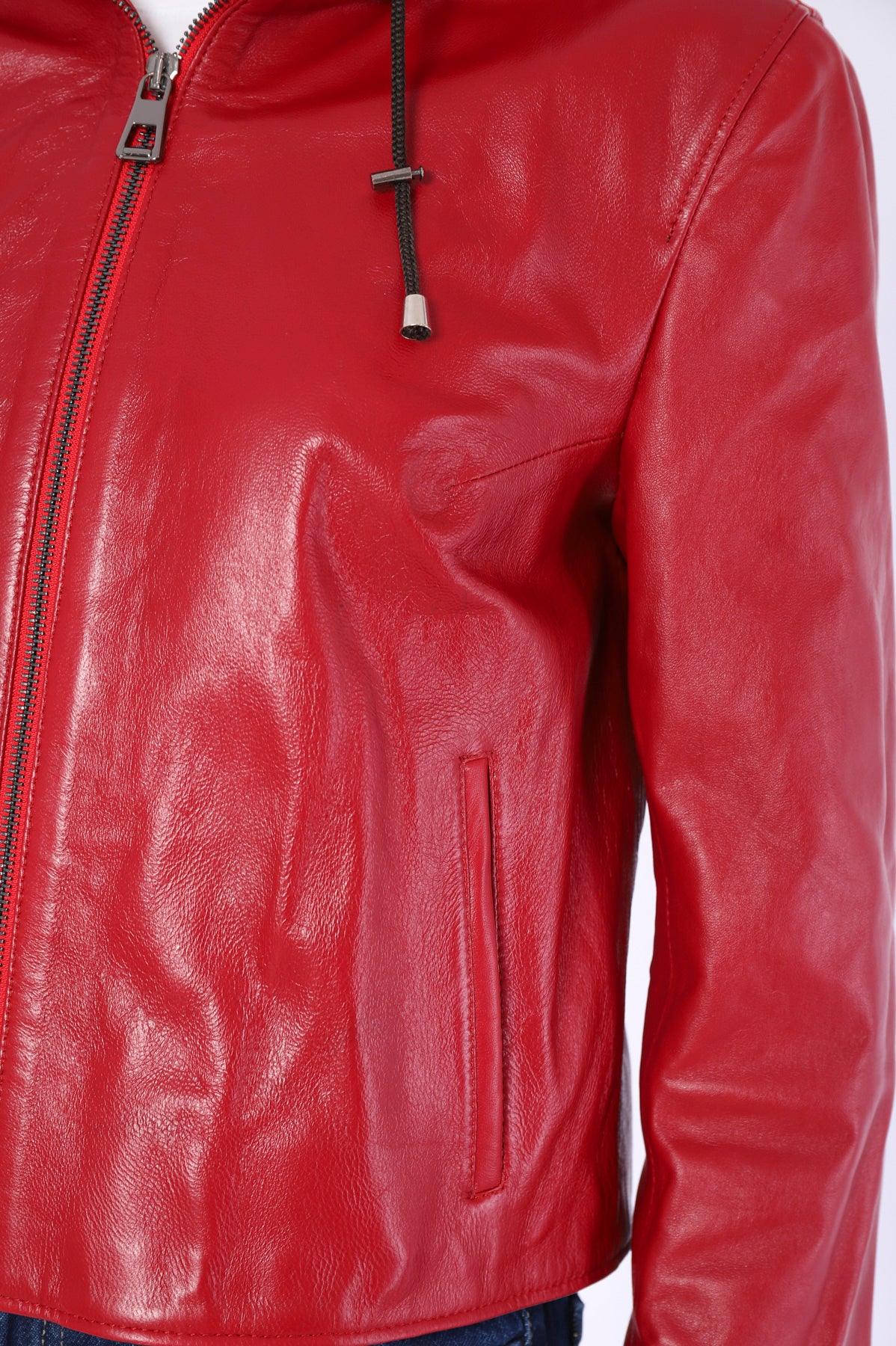 Kadın Kırmızı Kapüşonlu Hakiki Deri Ceket - Rezon Deri